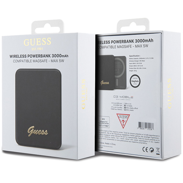 Guess indukcinis išorinis akumuliatorius 5W GUPBM3ALGSGK 3000mAh juodos spalvos MagSafe Metal Script Logo aprašymas - Prekės nuotrauka