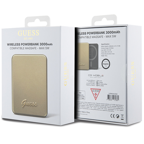 Guess indukcinis išorinis akumuliatorius 5W GUPBM3ALGSGD 3000mAh aukso spalvos MagSafe Metal Script Logo aprašymas - Prekės nuotrauka