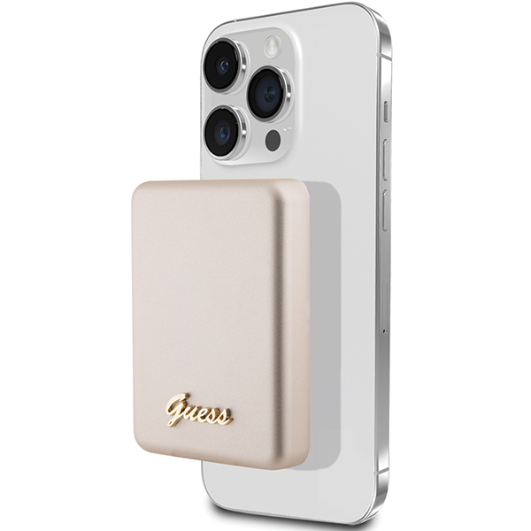 Guess indukcinis išorinis akumuliatorius 5W GUPBM3ALGSGD 3000mAh aukso spalvos MagSafe Metal Script Logo aprašymas - Prekės nuotrauka