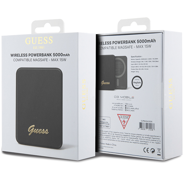 Guess indukcinis išorinis akumuliatorius 15W GUPBM5ALGSGK 5000mAh juodos spalvos MagSafe Metal Script Logo aprašymas - Prekės nuotrauka