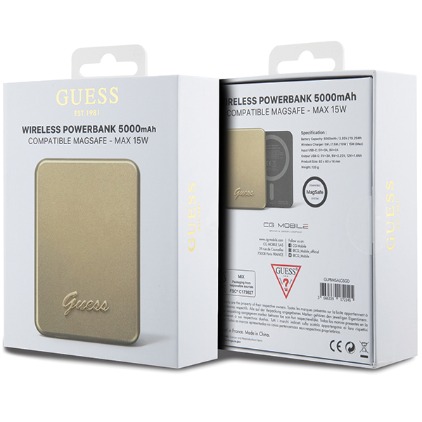 Guess indukcinis išorinis akumuliatorius 15W GUPBM5ALGSGD 5000mAh aukso spalvos MagSafe Metal Script Logo aprašymas - Prekės nuotrauka