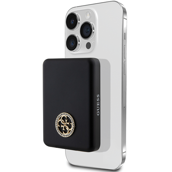 Guess indukcinis išorinis akumuliatorius 15W GUPBM5AL4DMK 5000mAh juodos spalvos MagSafe 4G Strassed Metal Logo aprašymas - Prekės nuotrauka