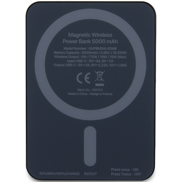 Guess indukcinis išorinis akumuliatorius 15W GUPBM5AL4DMK 5000mAh juodos spalvos MagSafe 4G Strassed Metal Logo aprašymas - Prekės nuotrauka