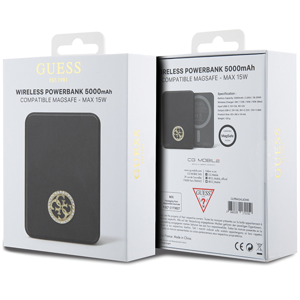 Guess indukcinis išorinis akumuliatorius 15W GUPBM5AL4DMK 5000mAh juodos spalvos MagSafe 4G Strassed Metal Logo aprašymas - Prekės nuotrauka
