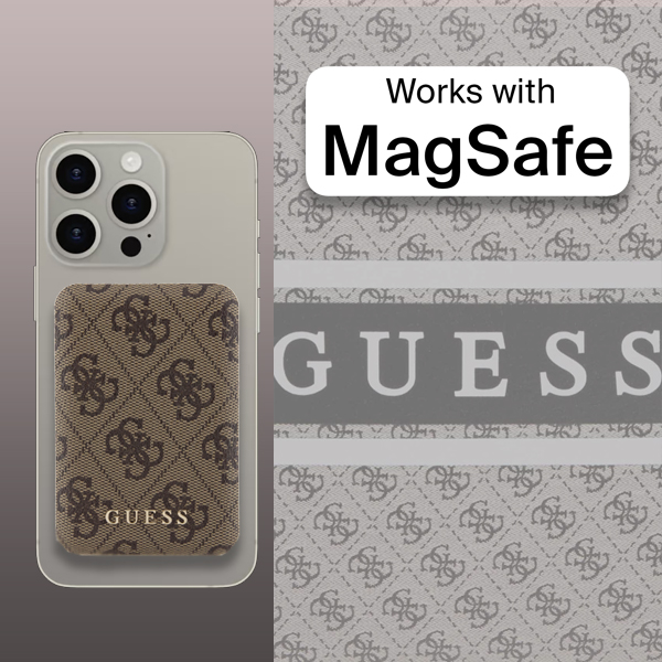 Guess indukcinis išorinis akumuliatorius 15W GUPB5FP4EMGW 5000mAh rudos spalvos 4G Leather Metal Logo MagSafe aprašymas - Prekės nuotrauka