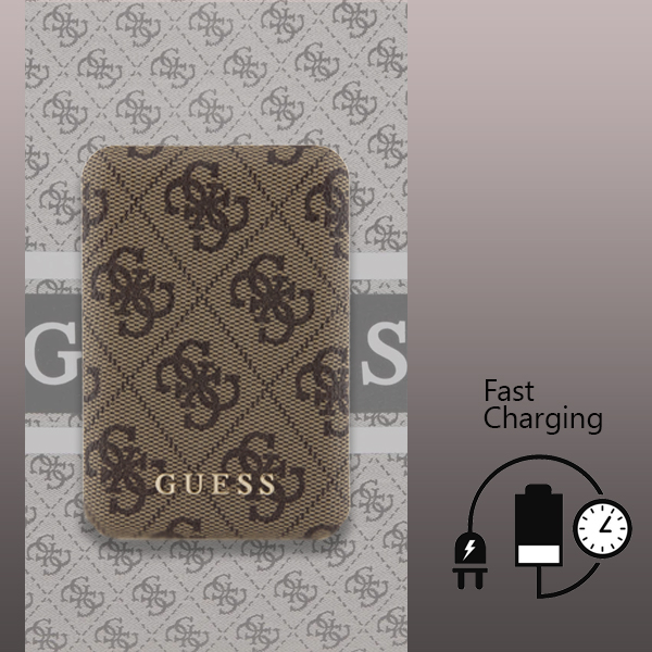 Guess indukcinis išorinis akumuliatorius 15W GUPB5FP4EMGW 5000mAh rudos spalvos 4G Leather Metal Logo MagSafe aprašymas - Prekės nuotrauka