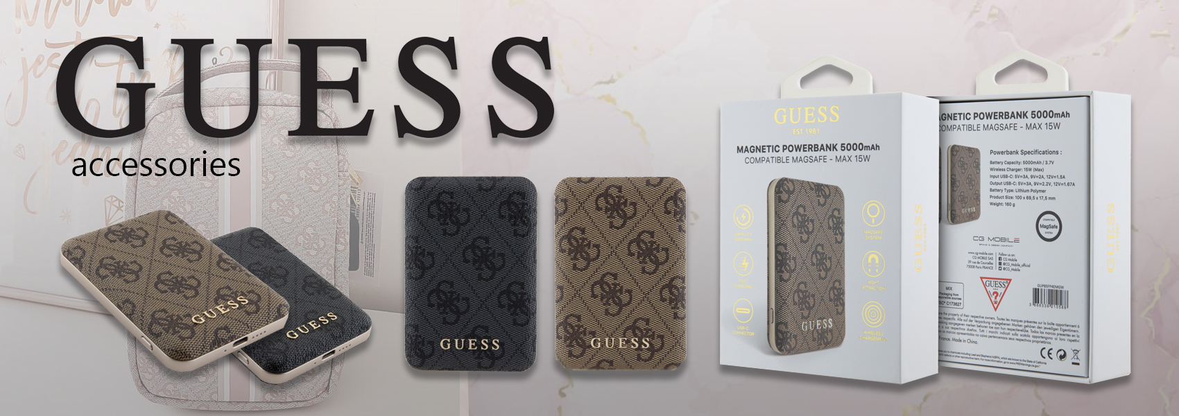 Guess indukcinis išorinis akumuliatorius 15W GUPB5FP4EMGW 5000mAh rudos spalvos 4G Leather Metal Logo MagSafe aprašymas - Prekės nuotrauka