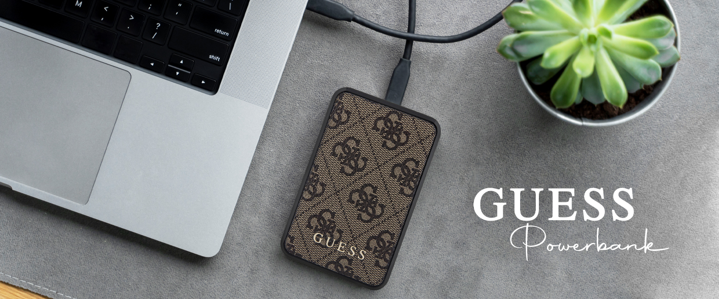 Guess išorinė baterija 18W GUPB10DP4GEGW 10000mAh ruda 4G Leather Metal Logo aprašymas - Prekės nuotrauka