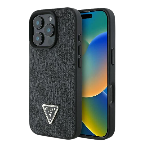 Guess Leather 4G Triangle Strass MagSafe Apple iPhone 16 Pro Max – dėklas telefonui juodos spalvos aprašymas - Prekės nuotrauka Guess Leather 4G Triangle Strass MagSafe Apple iPhone 16 Pro Max – dėklas telefonui juodos spalvos aprašymas - Prekės nuotrauka