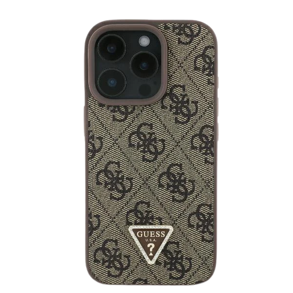Guess Leather 4G Triangle Strass MagSafe Apple iPhone 16 Pro Max – dėklas telefonui rudos spalvos aprašymas - Prekės nuotrauka Guess Leather 4G Triangle Strass MagSafe Apple iPhone 16 Pro Max – dėklas telefonui rudos spalvos aprašymas - Prekės nuotrauka