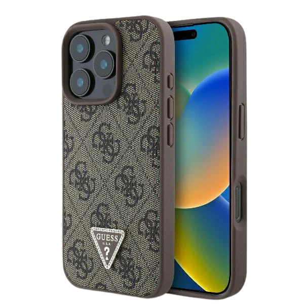 Guess Leather 4G Triangle Strass MagSafe Apple iPhone 16 Pro Max – dėklas telefonui rudos spalvos aprašymas - Prekės nuotrauka Guess Leather 4G Triangle Strass MagSafe Apple iPhone 16 Pro Max – dėklas telefonui rudos spalvos aprašymas - Prekės nuotrauka