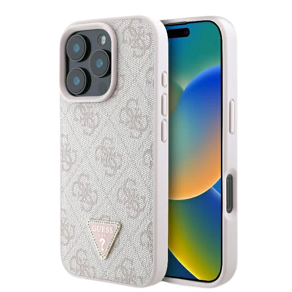 Guess Leather 4G Triangle Strass MagSafe Apple iPhone 16 Pro – dėklas telefonui rožinės spalvos aprašymas - Prekės nuotrauka Guess Leather 4G Triangle Strass MagSafe Apple iPhone 16 Pro – dėklas telefonui rožinės spalvos aprašymas - Prekės nuotrauka