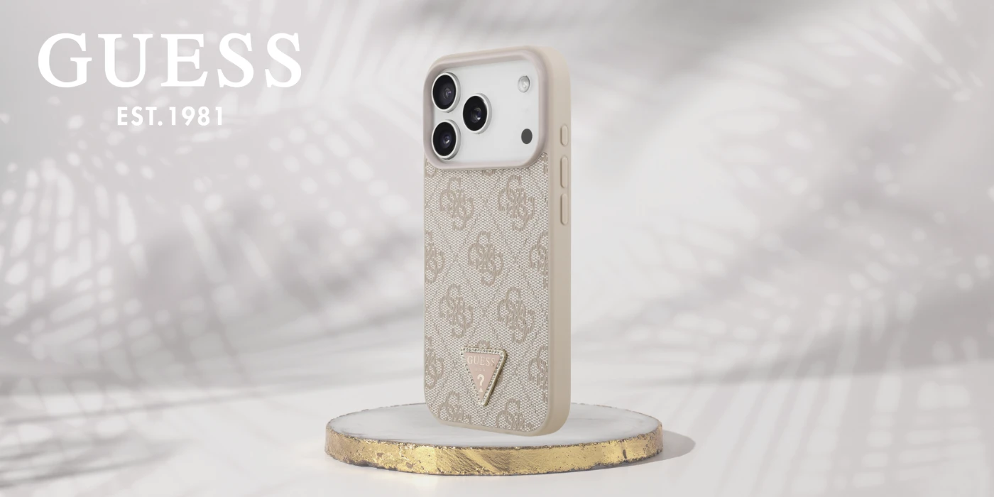 Guess Leather 4G Triangle Strass MagSafe dėklas skirtas Apple iPhone 17 Pro rožinės spalvos aprašymas - Prekės nuotrauka