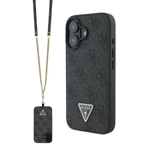 Guess Leather Metal Logo Strass Crossbody Apple iPhone 16 - dėklas telefonui juodos spalvos aprašymas - Prekės nuotrauka