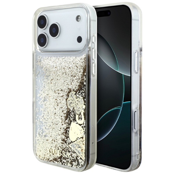 Guess Liq dėklas. Glitter 4 Charms Apple iPhone 17 Pro Max auksinis aprašymas - Prekės nuotrauka Guess Liq dėklas. Glitter 4 Charms Apple iPhone 17 Pro Max auksinis aprašymas - Prekės nuotrauka