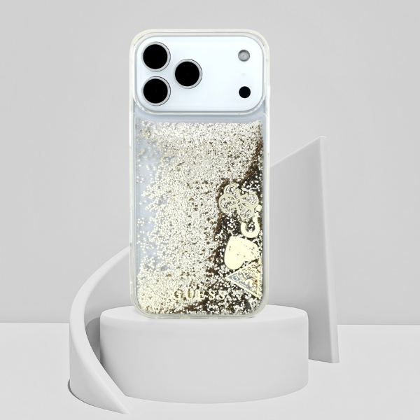 Guess Liq dėklas. Glitter 4 Charms Apple iPhone 17 Pro Max auksinis aprašymas - Prekės nuotrauka Guess Liq dėklas. Glitter 4 Charms Apple iPhone 17 Pro Max auksinis aprašymas - Prekės nuotrauka