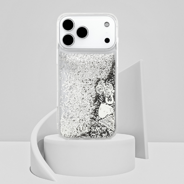 Guess Liq. Glitter Charms Dėklas Apple iPhone 17 Pro Max Sidabrinis aprašymas - Prekės nuotrauka Guess Liq. Glitter Charms Dėklas Apple iPhone 17 Pro Max Sidabrinis aprašymas - Prekės nuotrauka