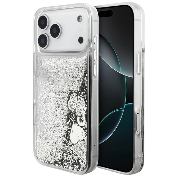 Guess Liq. Glitter Charms Dėklas Apple iPhone 17 Pro Max Sidabrinis aprašymas - Prekės nuotrauka Guess Liq. Glitter Charms Dėklas Apple iPhone 17 Pro Max Sidabrinis aprašymas - Prekės nuotrauka