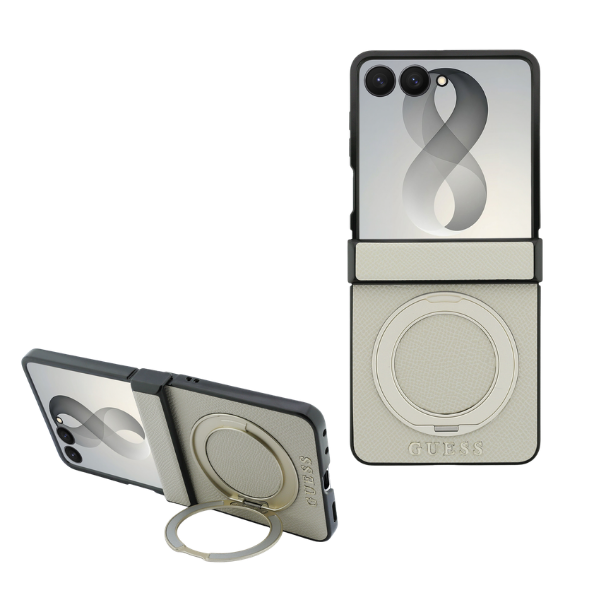 Guess Magnetic Ring Stand Grained Classic Logo MagSafe dėklas, skirtas Samsung Galaxy Z Flip8, smėlio spalvos aprašymas - Prekės nuotrauka