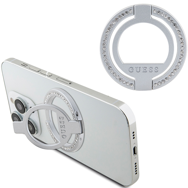 Guess MagSafe žiedas-stovas GUMRSALDGS sidabrinis su cirkoniais aprašymas - Prekės nuotrauka