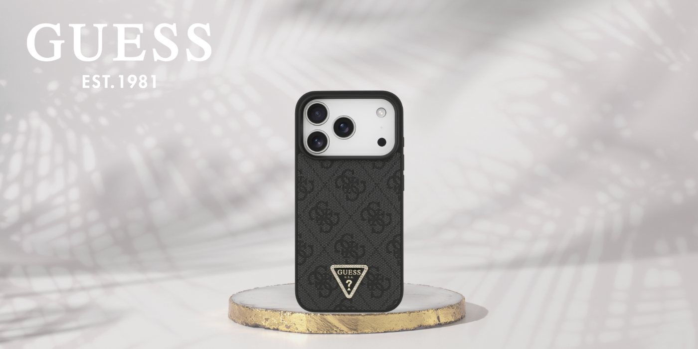 Guess odinis 4G Triangle Strass MagSafe dėklas, skirtas iPhone 18 Pro / 17 Pro, juodas aprašymas - Prekės nuotrauka
