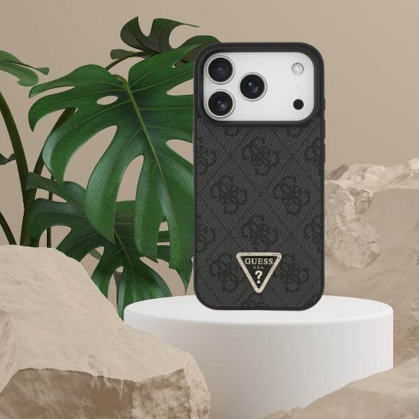 Guess odinis 4G Triangle Strass MagSafe dėklas, skirtas iPhone 18 Pro / 17 Pro, juodas aprašymas - Prekės nuotrauka