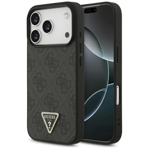 Guess odinis 4G Triangle Strass MagSafe dėklas, skirtas iPhone 18 Pro / 17 Pro, juodas aprašymas - Prekės nuotrauka