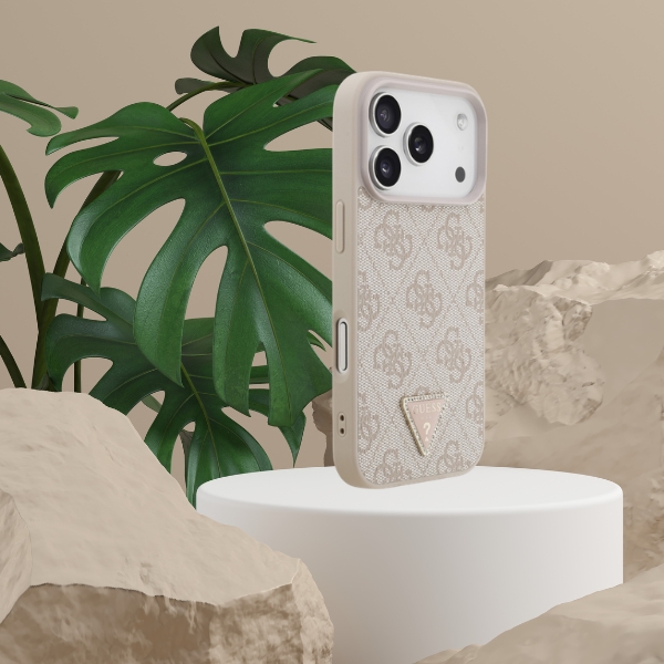 Guess odinis 4G Triangle Strass MagSafe dėklas, skirtas iPhone 18 Pro / 17 Pro, rožinis aprašymas - Prekės nuotrauka