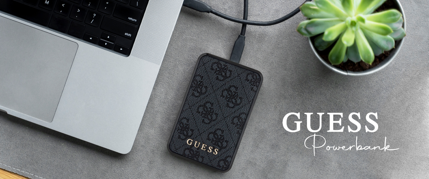 Guess Powerbank 15W GUPB5LP4GEGK 5000mAh juodos spalvos 4G odinis metalinis logotipas aprašymas - Prekės nuotrauka Guess Powerbank 15W GUPB5LP4GEGK 5000mAh juodos spalvos 4G odinis metalinis logotipas aprašymas - Prekės nuotrauka