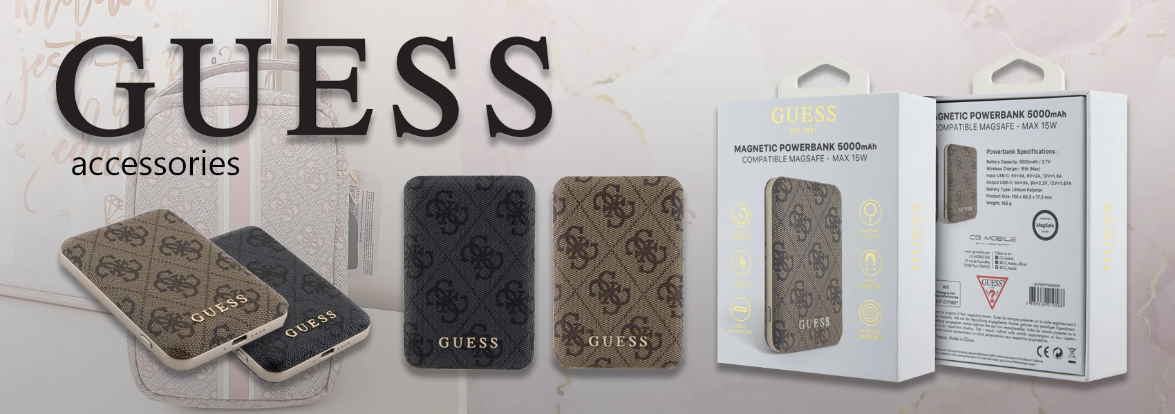 Guess Powerbank indukcinis 15W GUPB5FP4EMGW 5000mAh rudos spalvos 4G Leather Metal Logo MagSafe aprašymas - Prekės nuotrauka Guess Powerbank indukcinis 15W GUPB5FP4EMGW 5000mAh rudos spalvos 4G Leather Metal Logo MagSafe aprašymas - Prekės nuotrauka