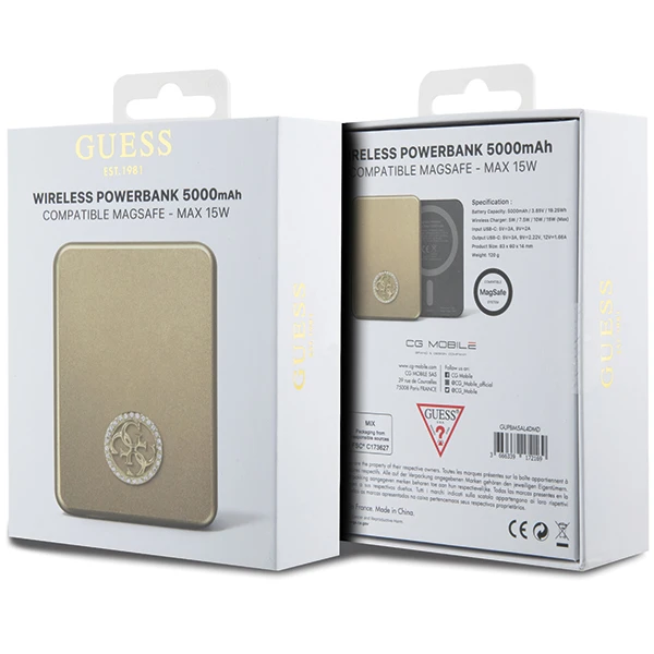 Guess Powerbank indukcinis 15W GUPBM5AL4DMD 5000mAh aukso spalvos MagSafe 4G Strassed Metal Logo aprašymas - Prekės nuotrauka Guess Powerbank indukcinis 15W GUPBM5AL4DMD 5000mAh aukso spalvos MagSafe 4G Strassed Metal Logo aprašymas - Prekės nuotrauka