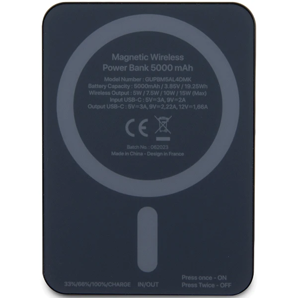 Guess Powerbank indukcinis 15W GUPBM5AL4DMK 5000mAh juodos spalvos MagSafe 4G Strassed Metal Logo aprašymas - Prekės nuotrauka