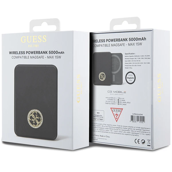 Guess Powerbank indukcinis 15W GUPBM5AL4DMK 5000mAh juodos spalvos MagSafe 4G Strassed Metal Logo aprašymas - Prekės nuotrauka