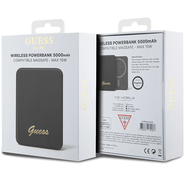 Guess Powerbank indukcinis 15W GUPBM5ALGSGK 5000mAh juodos spalvos MagSafe Metal Script Logo aprašymas - Prekės nuotrauka Guess Powerbank indukcinis 15W GUPBM5ALGSGK 5000mAh juodos spalvos MagSafe Metal Script Logo aprašymas - Prekės nuotrauka