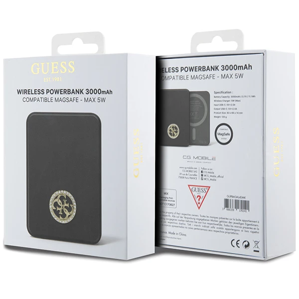 Guess Powerbank indukcinis 5W GUPBM3AL4DMK 3000mAh juodos spalvos MagSafe 4G Strassed Metal Logo aprašymas - Prekės nuotrauka