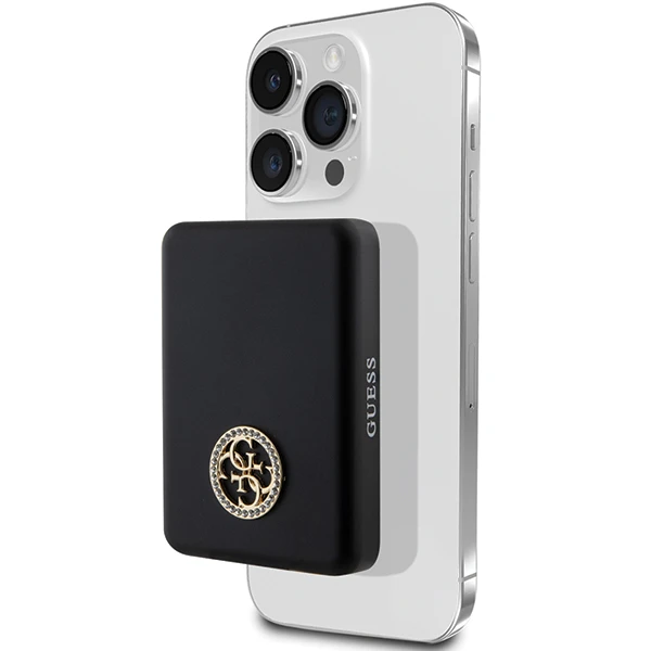 Guess Powerbank indukcinis 5W GUPBM3AL4DMK 3000mAh juodos spalvos MagSafe 4G Strassed Metal Logo aprašymas - Prekės nuotrauka