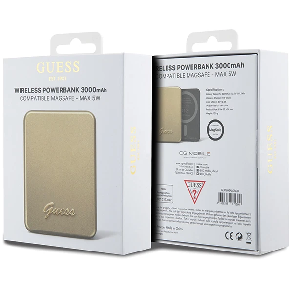 Guess Powerbank indukcinis 5W GUPBM3ALGSGD 3000mAh aukso spalvos MagSafe Metal Script Logo aprašymas - Prekės nuotrauka Guess Powerbank indukcinis 5W GUPBM3ALGSGD 3000mAh aukso spalvos MagSafe Metal Script Logo aprašymas - Prekės nuotrauka