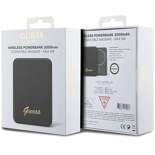 Guess Powerbank indukcinis 5W GUPBM3ALGSGK 3000mAh juodos spalvos MagSafe Metal Script Logo aprašymas - Prekės nuotrauka Guess Powerbank indukcinis 5W GUPBM3ALGSGK 3000mAh juodos spalvos MagSafe Metal Script Logo aprašymas - Prekės nuotrauka