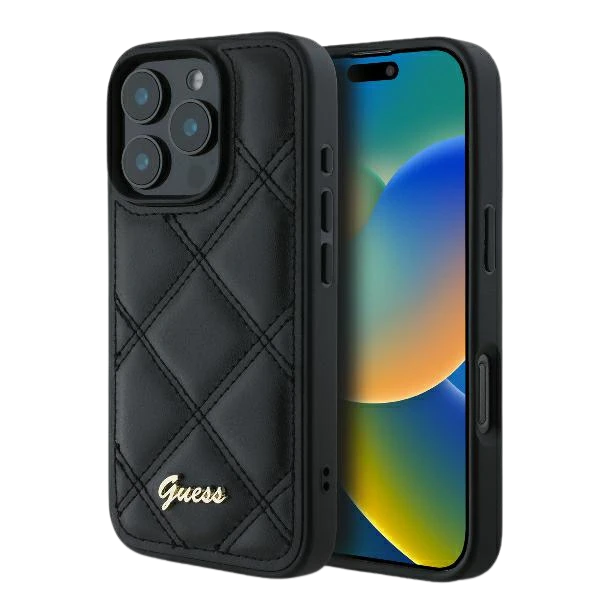 Guess Quilted Metal Logo Apple iPhone 16 Pro - dėklas telefonui juodos spalvos aprašymas - Prekės nuotrauka