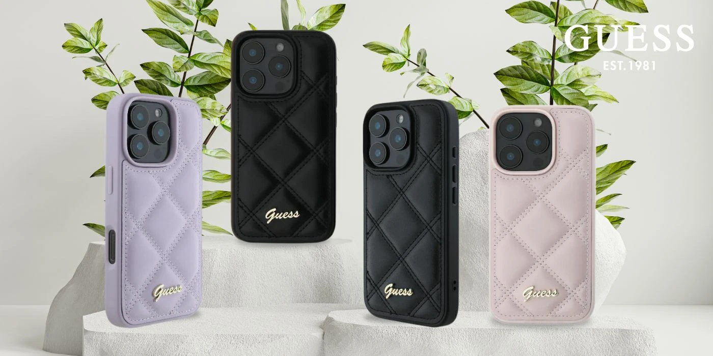 Guess Quilted Metal Logo Apple iPhone 16 Pro - dėklas telefonui rožinės spalvos aprašymas - Prekės nuotrauka