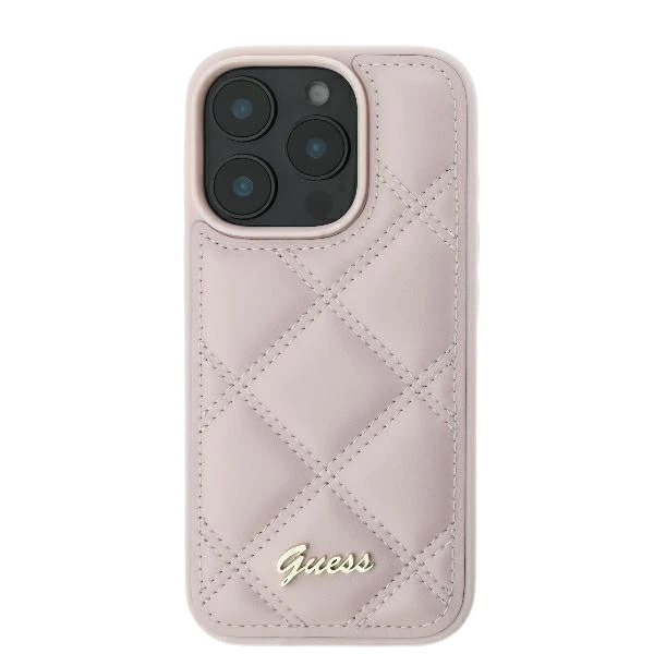 Guess Quilted Metal Logo Apple iPhone 16 Pro - dėklas telefonui rožinės spalvos aprašymas - Prekės nuotrauka
