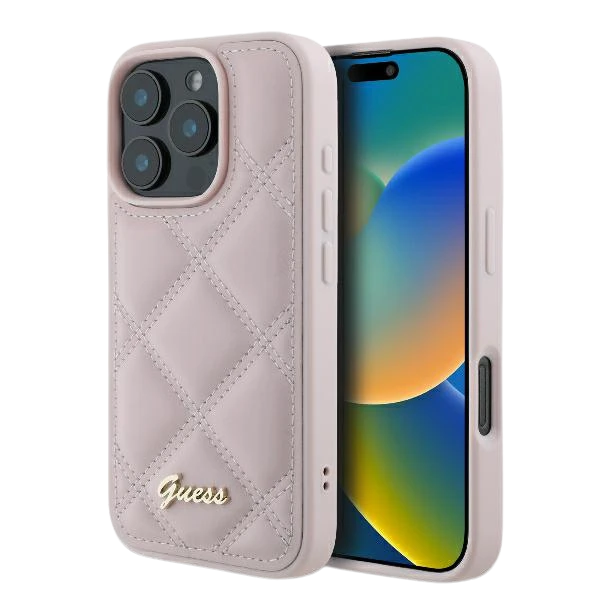 Guess Quilted Metal Logo Apple iPhone 16 Pro - dėklas telefonui rožinės spalvos aprašymas - Prekės nuotrauka