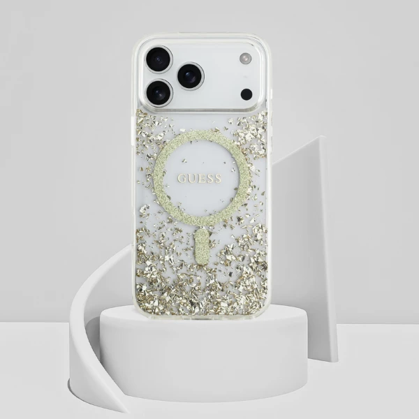 Dėklas Guess Resin Bottom Glitter MagSafe case for Apple iPhone 17 Pro Max auksinis aprašymas - Prekės nuotrauka