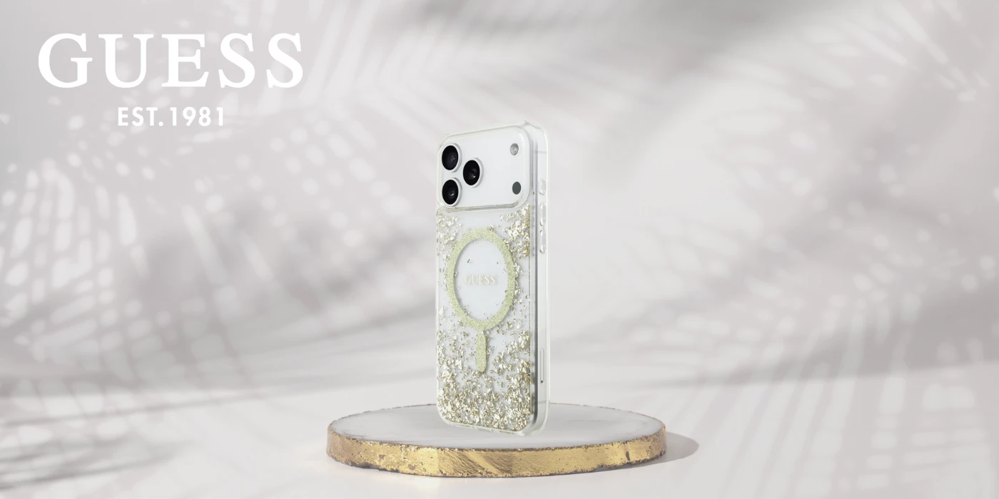 Dėklas Guess Resin Bottom Glitter MagSafe case for Apple iPhone 17 Pro Max auksinis aprašymas - Prekės nuotrauka