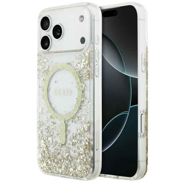 Dėklas Guess Resin Bottom Glitter MagSafe case for Apple iPhone 17 Pro Max auksinis aprašymas - Prekės nuotrauka