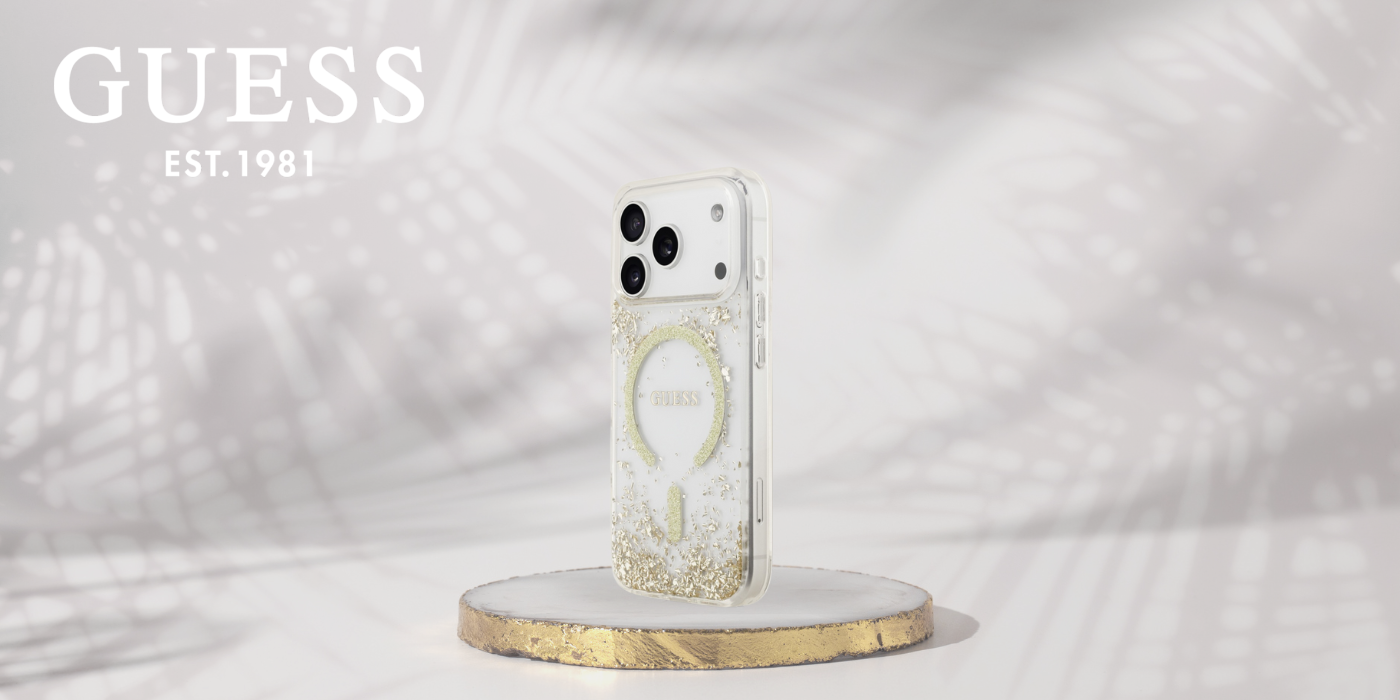 Guess Resin Bottom Glitter MagSafe dėklas Apple iPhone 17 Pro aukso spalvos aprašymas - Prekės nuotrauka