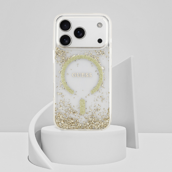 Guess Resin Bottom Glitter MagSafe dėklas Apple iPhone 17 Pro aukso spalvos aprašymas - Prekės nuotrauka