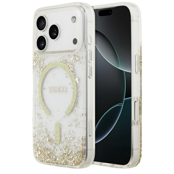 Guess Resin Bottom Glitter MagSafe dėklas Apple iPhone 17 Pro aukso spalvos aprašymas - Prekės nuotrauka