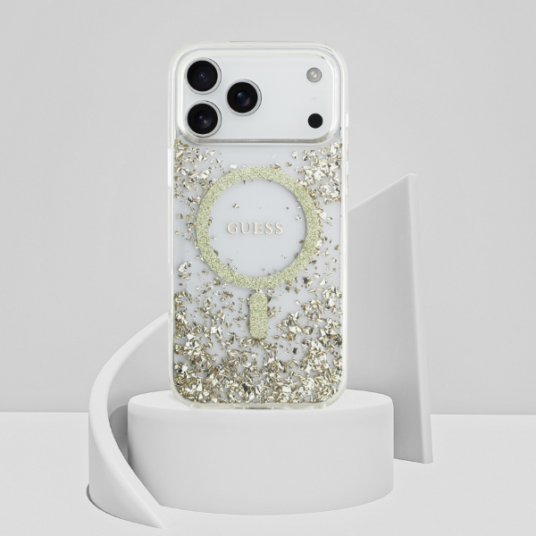 Guess Resin Bottom Glitter MagSafe dėklas Apple iPhone 17 Pro Max aukso spalvos aprašymas - Prekės nuotrauka