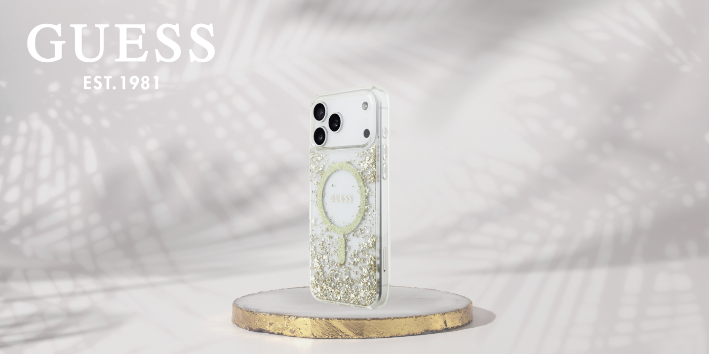Guess Resin Bottom Glitter MagSafe dėklas Apple iPhone 17 Pro Max aukso spalvos aprašymas - Prekės nuotrauka